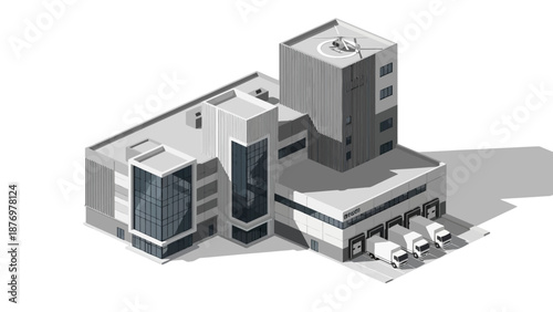 Isometric illustration of a modern industrial and logistics complex, showcasing an office building, warehouse, delivery trucks at docks, and a helipad, representing global commerce