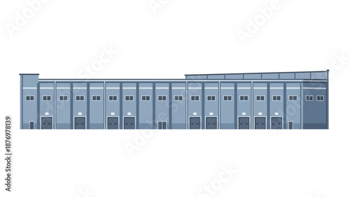 Modern flat vector illustration of a generic industrial building with multiple loading docks and entrance doors, ideal for factory, warehouse, or logistics operations
