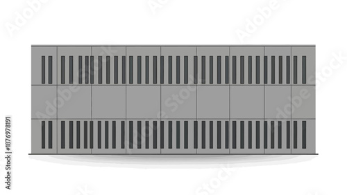 Modern grey architectural facade panel. Flat vector illustration with repetitive vertical slots, symbolizing contemporary building design, ventilation, and minimalist aesthetics