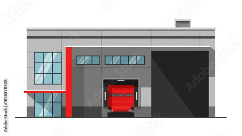 Modern industrial warehouse building with loading dock and large bay door, suitable for logistics and storage