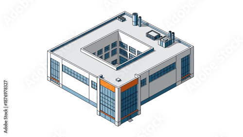 Isometric building illustration of a modern office complex with a central courtyard and glass facade