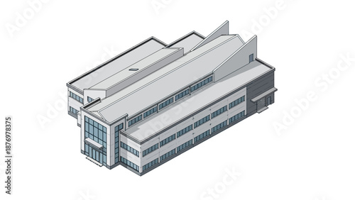 Industrial Building in isometric view, representing modern manufacturing facilities and commercial structures