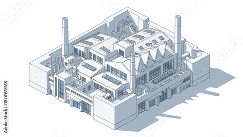 Isometric view of a large, industrial factory building with multiple chimneys and skylights, showcasing a complex structure