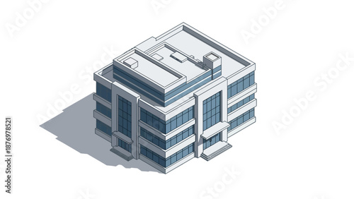 Modern isometric office building illustration with clean lines and glass facade