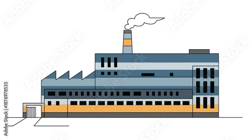 Illustration of a large industrial factory with smoke billowing from its chimney, representing manufacturing and production processes