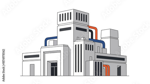 Illustration of an industrial factory building with pipes and vents, representing manufacturing and production