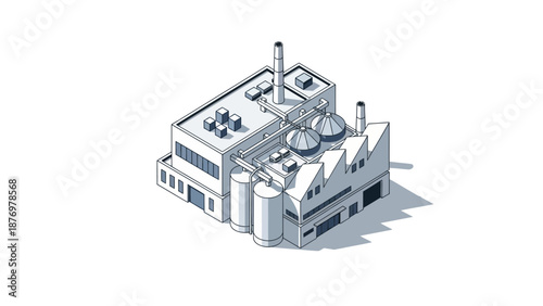 Isometric illustration of a modern industrial factory building with silos and smokestacks, representing manufacturing and production processes in a clean, stylized design