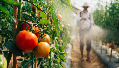 Cultivating Freshness Dedicated Farm Worker Tends to Thriving Tomato Plants with Protective Spray in a Vibrant Greenhouse Setting
