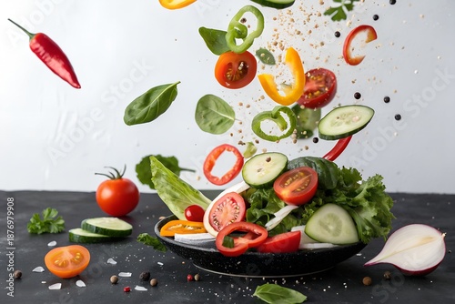 Fresh vegetables tossed into black bowl with grains herbs and spices on gray background