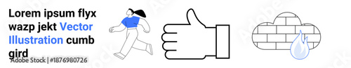 Communication, motivation, approval, progress tracking, data security, and environment. A thumbs-up icon, a person running and a cloud with a droplet over a brick wall. Communication and motivation