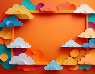 colorful paper cloud cutouts frame a vibrant orange backdrop forming a cheerful border