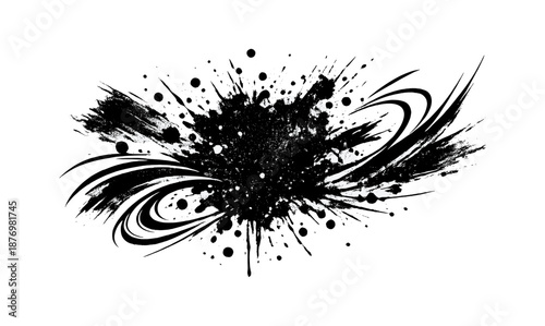 Dynamic black ink splatter with abstract swirls on white background