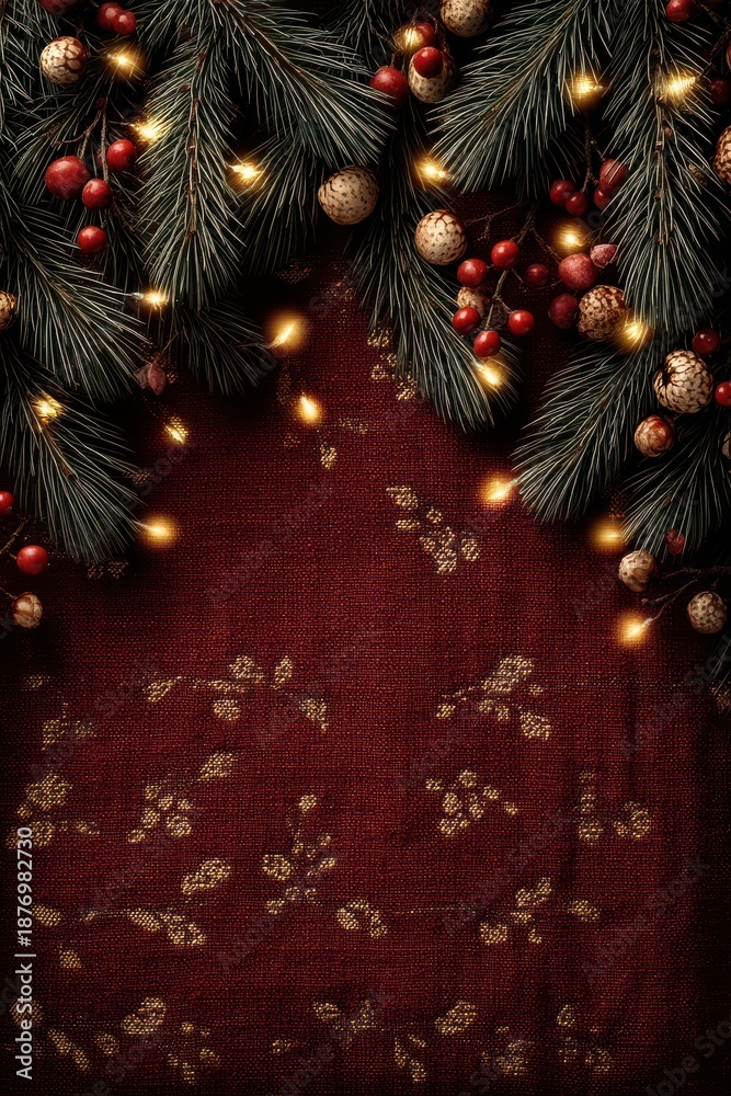 Obraz premium Christmas frame with fir branches, berries, and lights on a festive fabric