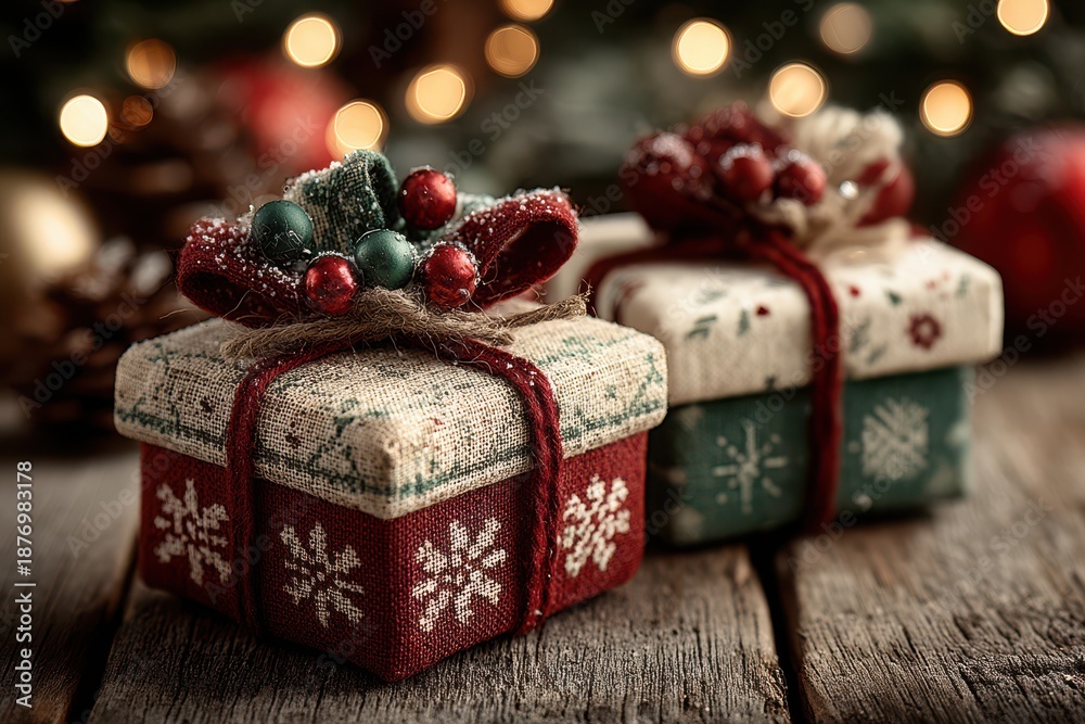 Obraz premium Decorative Christmas gift boxes with rustic designs and festive holiday decorations