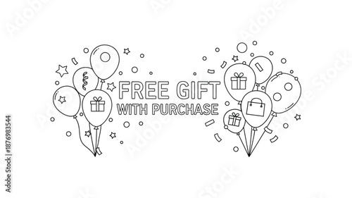 Black and white illustration of balloons presents and a free gift with purchase offer