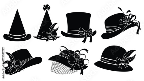 A collection of vintage hats in black and white showcasing various styles and designs
