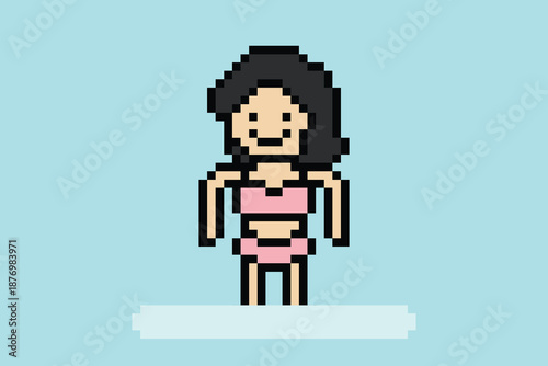 Woman wear bikini ,swimming suit or swimwear in pastel summer beach vacation relax with pool,swimsuit,holiday,colorful,8 bit.