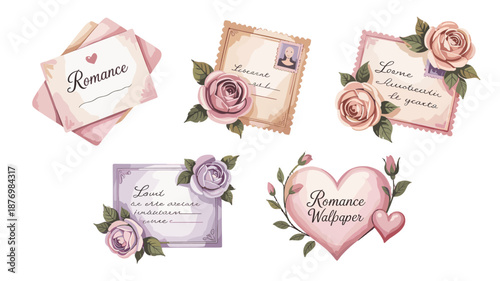 Vintage romance cards and floral decor.