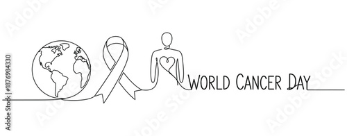A black and white poster for World Cancer Day. The poster features a ribbon and a person with a heart