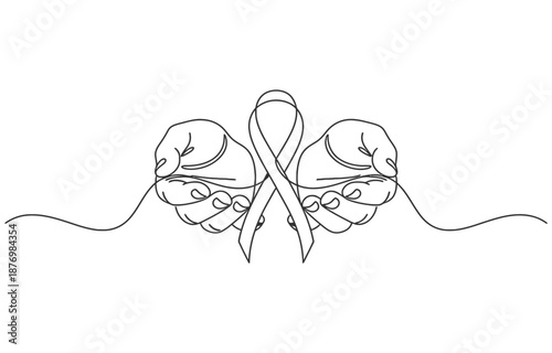 Two hands holding a ribbon for breast cancer awareness. The ribbon is white and is tied together. The image is black and white