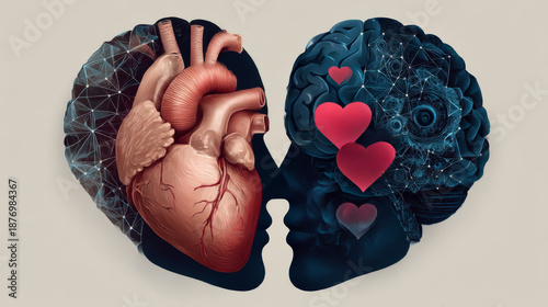 Heart and Brain concept, conflict between emotions and rational thinking, teamwork and balance between soul and intelligence