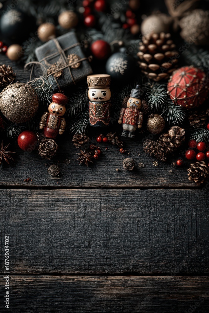 Obraz premium Festive holiday background featuring nutcrackers, pinecones, and seasonal decorations on wood