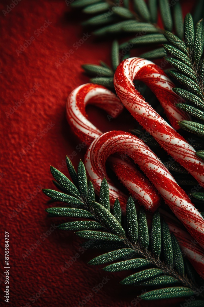 Obraz premium Festive candy canes with pine branches on a vibrant red background