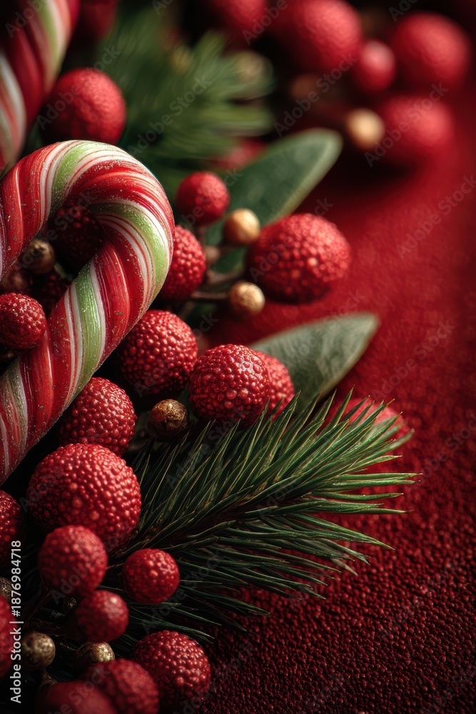 Obraz premium Festive Christmas Decoration with Candy Cane and Pine Elements on Red