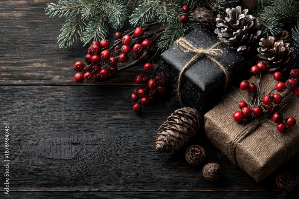 Obraz premium Festive holiday decorations with gift boxes and natural pine elements