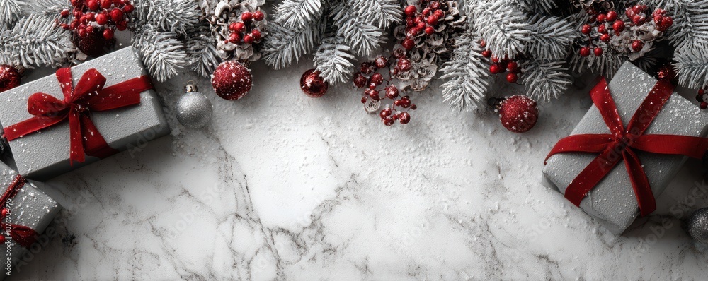 Obraz premium Festive Christmas arrangement with snow, red decorations, and wrapped presents