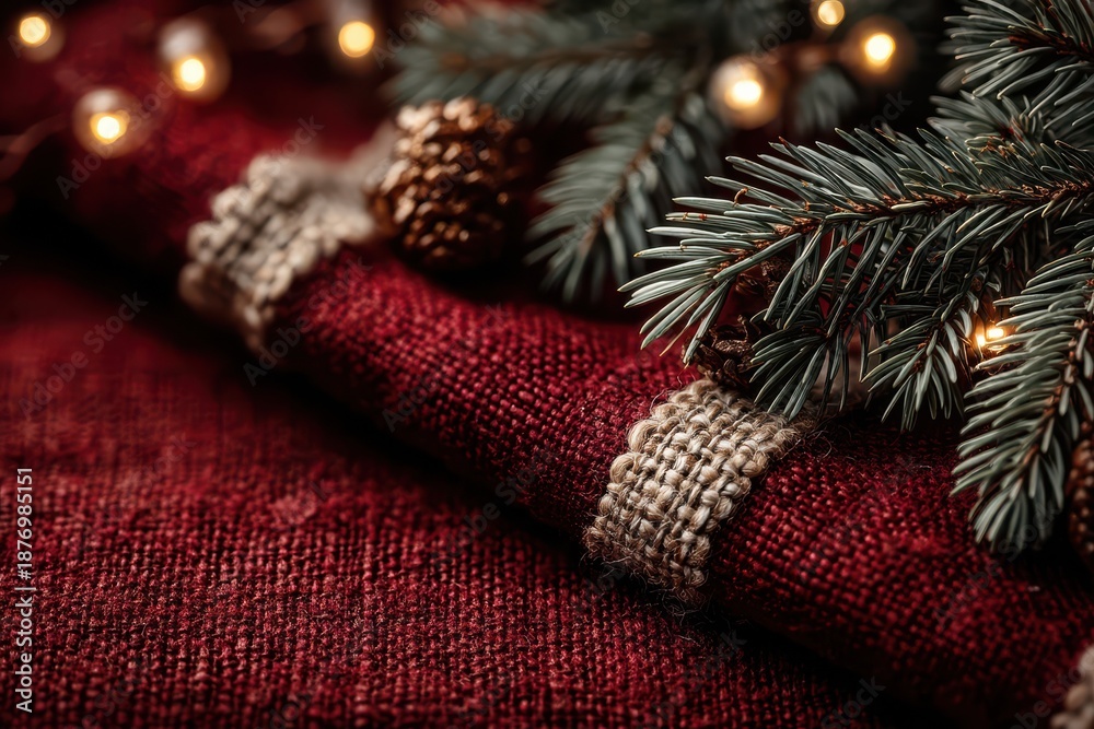 Obraz premium Festive background featuring pine branches, burlap details, and warm lighting