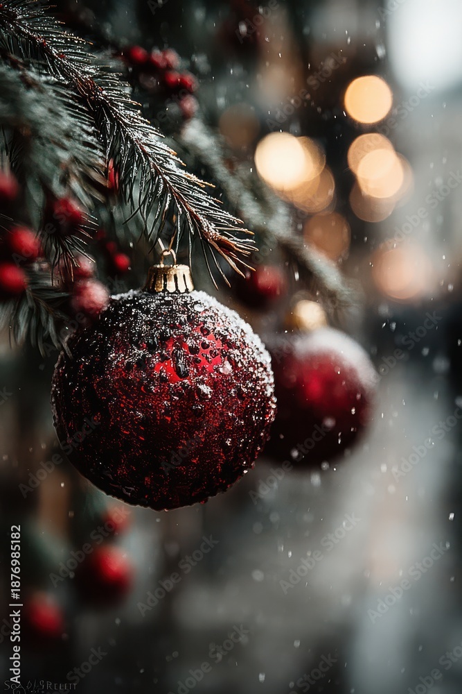 Obraz premium Close-up of red Christmas ornament on snowy evergreen branch with festive bokeh