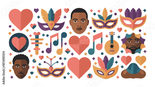 A vibrant artistic illustration of hearts, music notes, masked faces, and carnival-themed elements.