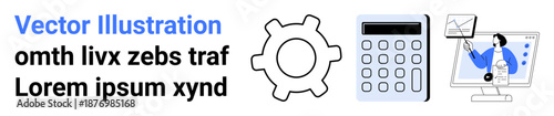 Financial tools, business strategy, data analysis, productivity, technology solutions, and workflow optimization. Gear, calculator and person analyzing chart on screen. Business strategy and data