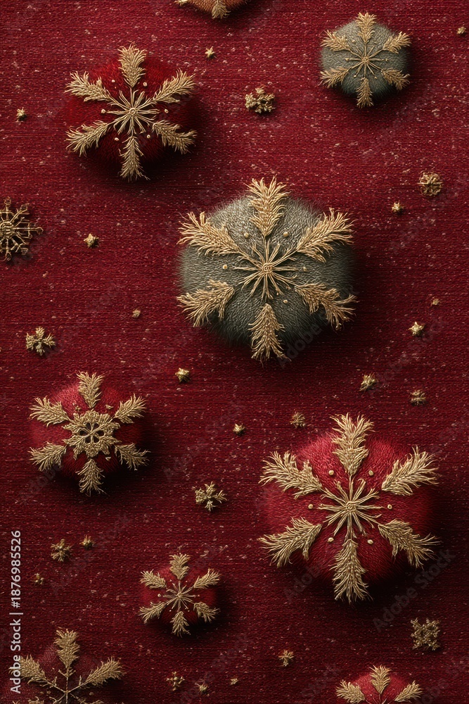 Obraz premium Golden snowflake ornaments pattern on rich red textured background for Christmas