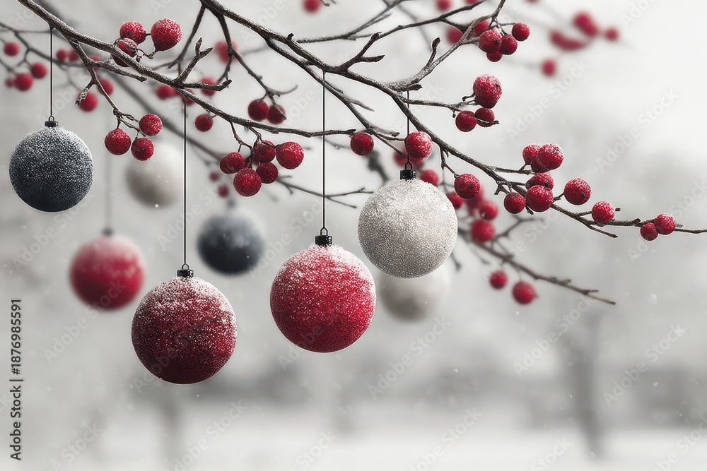 Obraz premium Snowy winter branch with red berries and festive Christmas ornaments