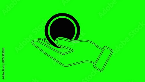 Hand Holding Digital Token Line Icon Animation on Green Background