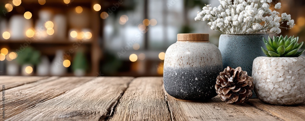 Obraz premium Rustic holiday scene with wooden table and cozy decor elements featuring soft lights