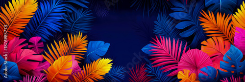 Vibrant tropical jungle frame with neon pink, electric blue, and orange leaves set against dark background, perfect for summer party banners and retro design backgrounds.
