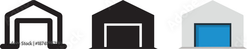 Industrial warehouse storage building icons in thin line black solid and blue color graphics