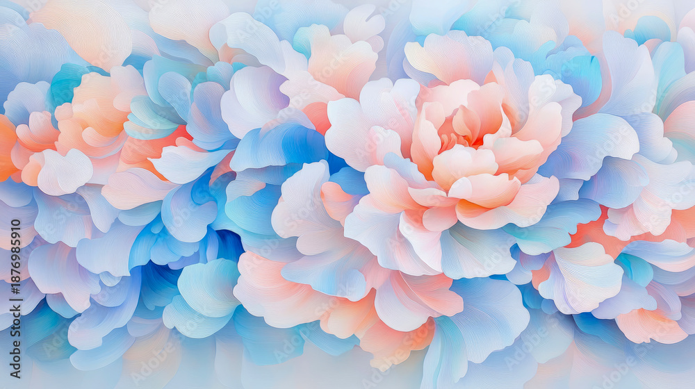 Fototapeta premium Ethereal Pastel Bloom Symphony: Soft Abstract Floral Art with Flowing Petals in Delicate Shades of Sky Blue, Gentle Pink, and Creamy Peach