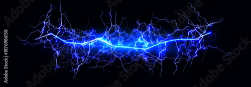 Thunder Storm Lightning Power Neon Effect Energy Line Background. Spark Flash Black Blue Charge. Realistic Magic Shock Bolt Blue Glow Bright. Lightening Strike Storm Thunderbolt. Vector illustration.