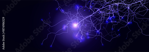 Thunder Storm Lightning Power Neon Effect Energy Line Background. Spark Flash Black Blue Charge. Realistic Shock Bolt Purple Glow Bright. Lightening Strike Storm Thunderbolt. Vector illustration