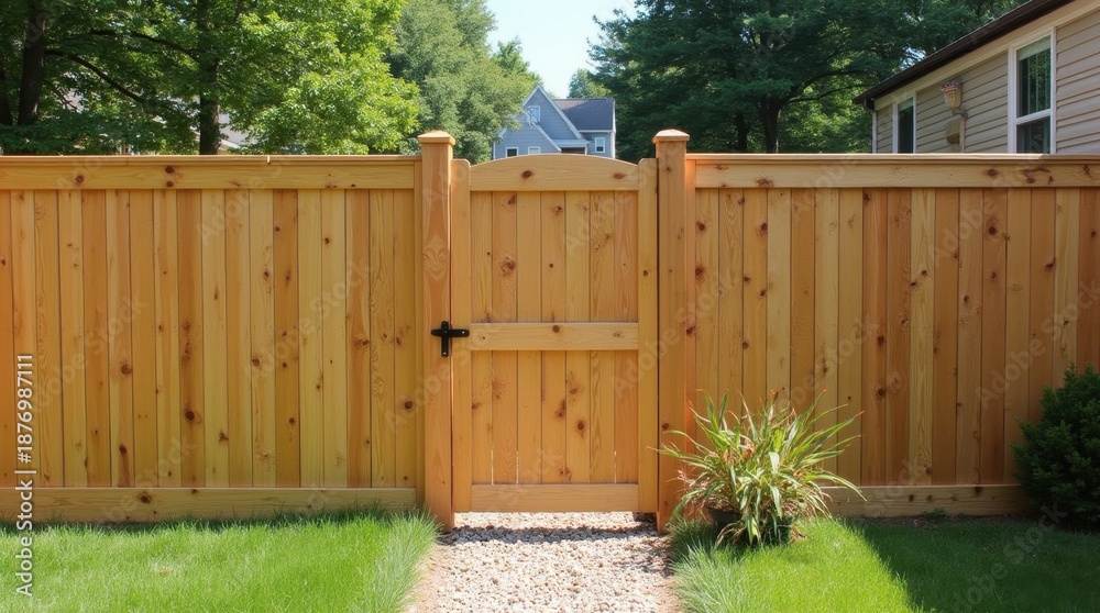 Fototapeta premium Budget-friendly wooden picket fence and gate installation showcasing pressure-treated pine construction in backyard setting for affordable privacy.