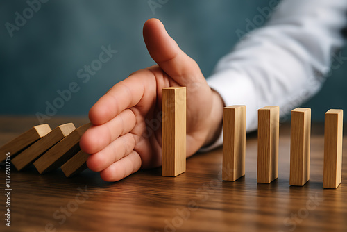 Concept of stopping chain reaction with hand blocking dominoes representing security responsibility stability success and protective decision making
