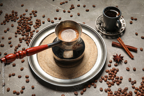 Cezve of hot Turkish coffee...