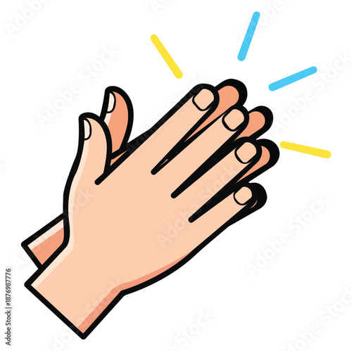 This vibrant graphic illustrates two hands coming together in a classic clapping motion, accented by cheerful yellow and blue sparks radiating outwards from the point of impact, perfectly symbolizing 