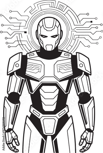 Robotic figure in futuristic metallic suit with circuit board design on white background