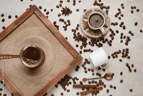 Cezve of hot Turkish coffee...