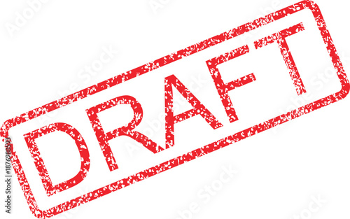 Distressed red rubber stamp icon featuring the bold word DRAFT, symbolizing an unfinished document, early version, or unfinalized proposal